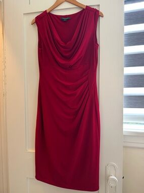 Ralph Lauren Red Draped Cowl Midi Sheath Dress